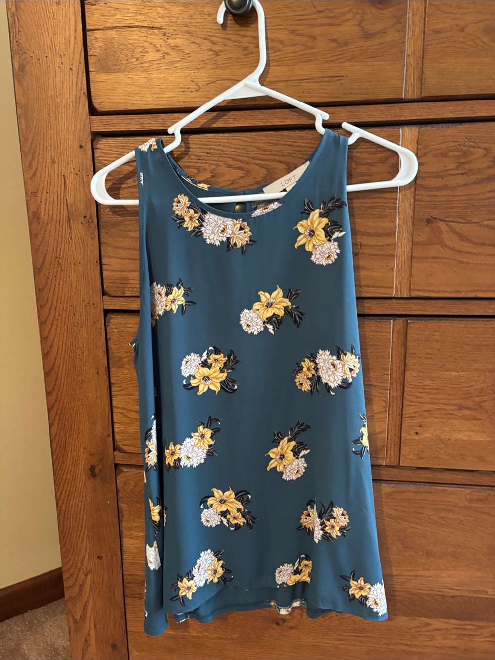 LOFT Teal Floral Shell Tank with Yellow and White Blooms